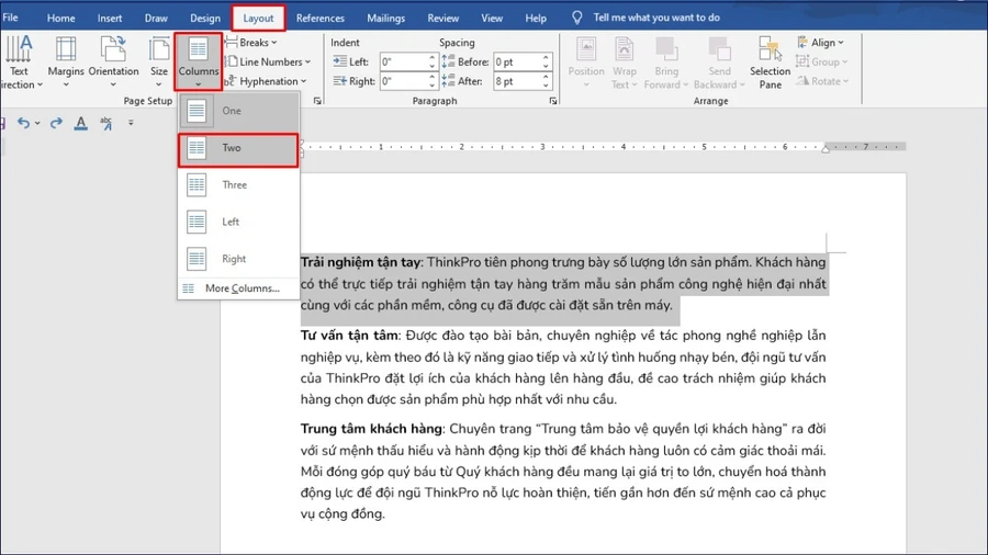 Chọn Two để chia đoạn văn bản thành hai cột bằng nhau