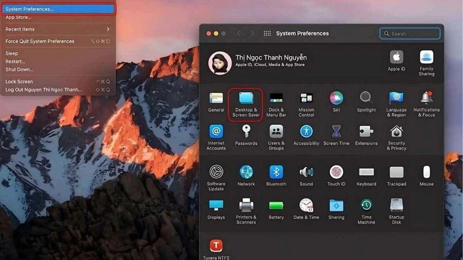 Bạn nhấp System Preferences, rồi tìm và chọn mục Desktop & Screen Saver