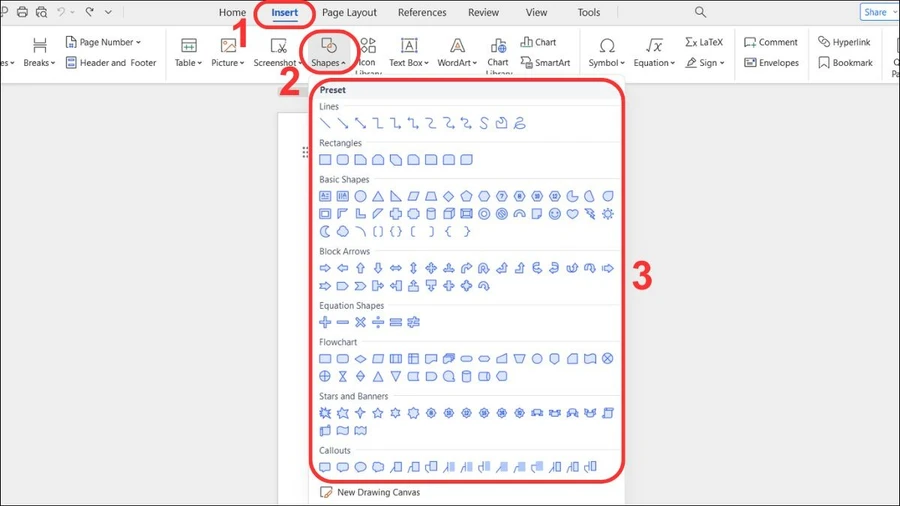Trên thanh công cụ, bạn chọn tab Insert, sau đó chọn Shapes.