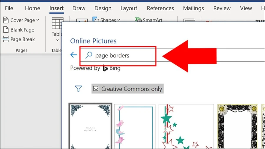 Trong ô tìm kiếm, bạn nhập Page Borders.