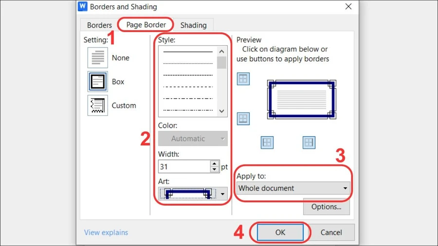 Trong mục Apply to, bạn chọn Whole document để áp dụng khung cho toàn bộ văn bản.