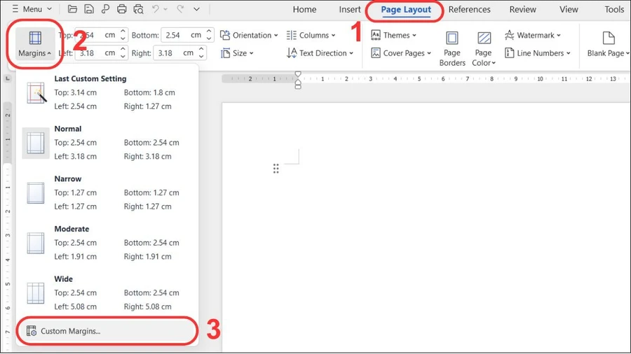 Chọn Margins và Custom Margins…