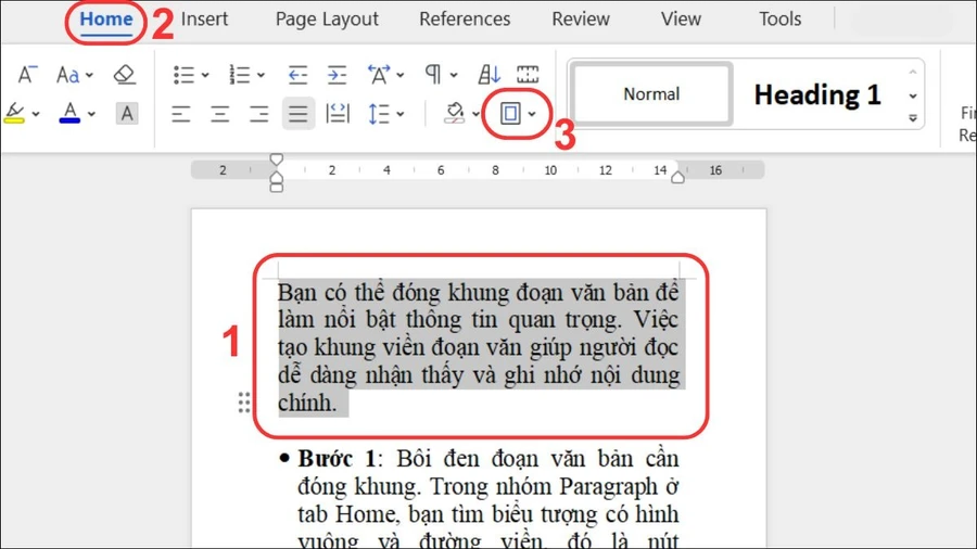 Bôi đen đoạn văn bản cần đóng khung và chọn nút Borders.