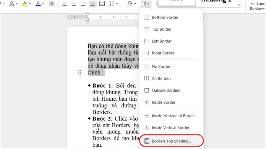 Để tùy chỉnh kiểu dáng, bạn chọn Borders and Shading...