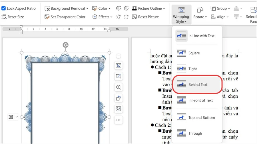 Click chuột phải vào ảnh, chọn Wrap Text và chọn mục Behind Text.