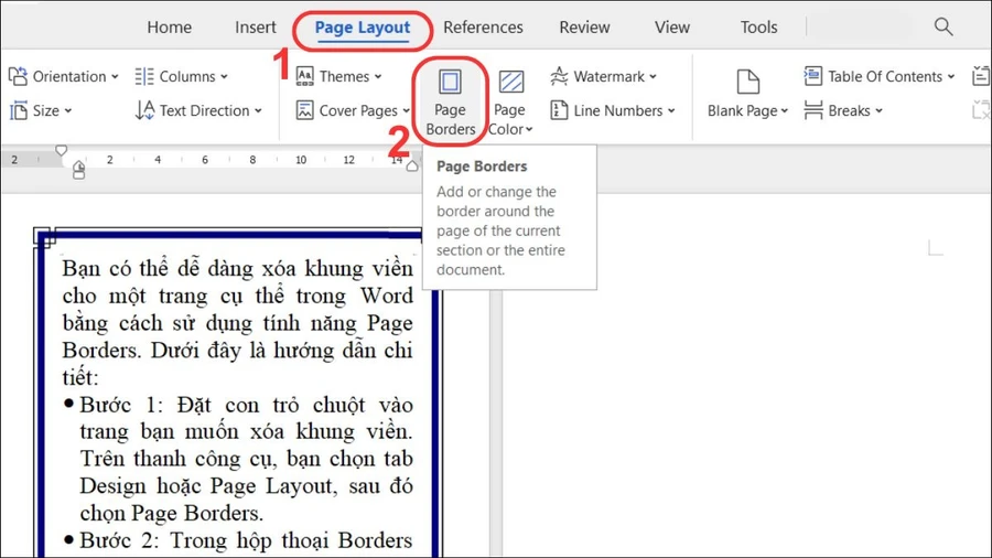 Trên thanh công cụ, bạn chọn tab Design hoặc Page Layout, sau đó chọn Page Borders.