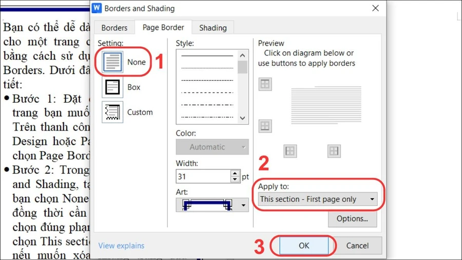 Chọn None trong mục Setting, sau đó nhấn OK để hoàn tất.
