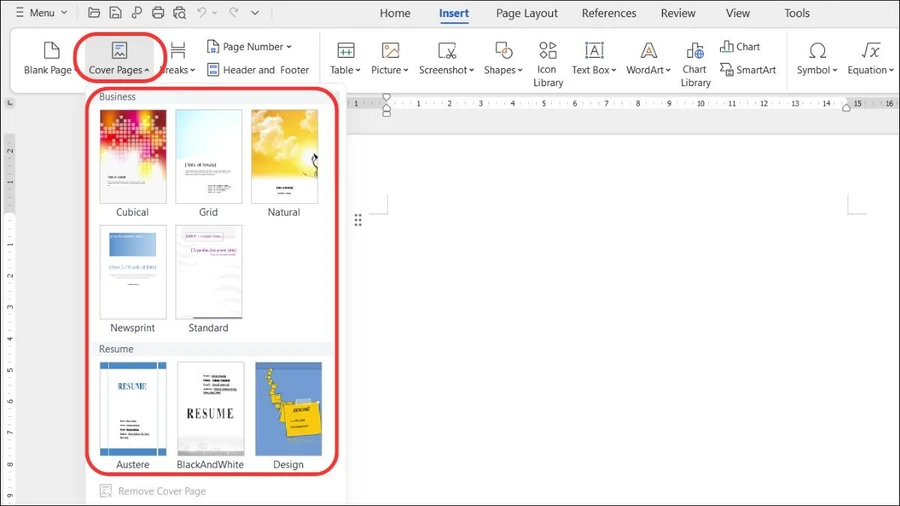 Chọn Cover Page và chọn mẫu bạn ưng ý.
