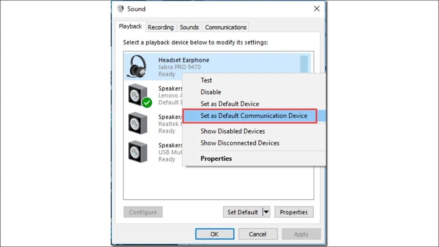 Chọn Set as Default Device