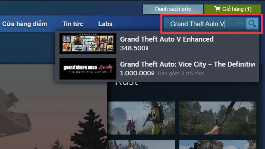 Sử dụng thanh tìm kiếm để nhập Grand Theft Auto V và chọn phiên bản GTA 5 mong muốn.