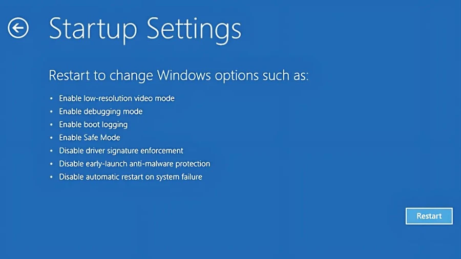 Bạn chọn Troubleshoot > Advanced options > Startup Settings > Restart