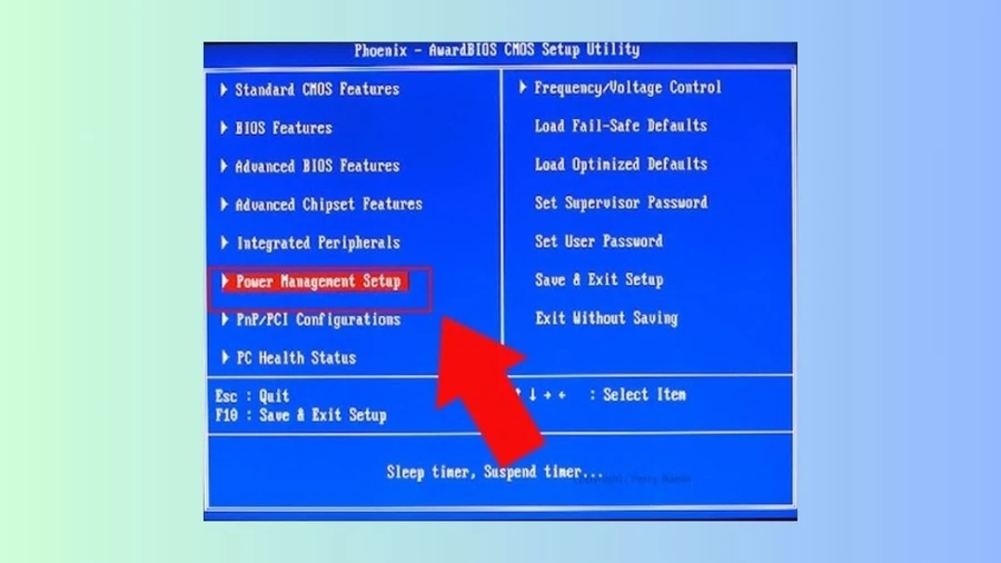 Bạn sử dụng các phím mũi tên để di chuyển đến tab Power Management Setup