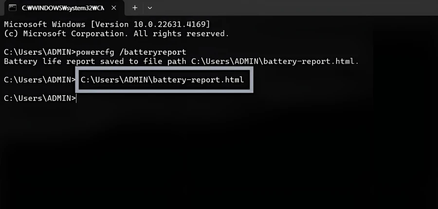 Lệnh kiểm tra pin laptop: gõ lệnh C:\Users\ADMIN\battery-report.html