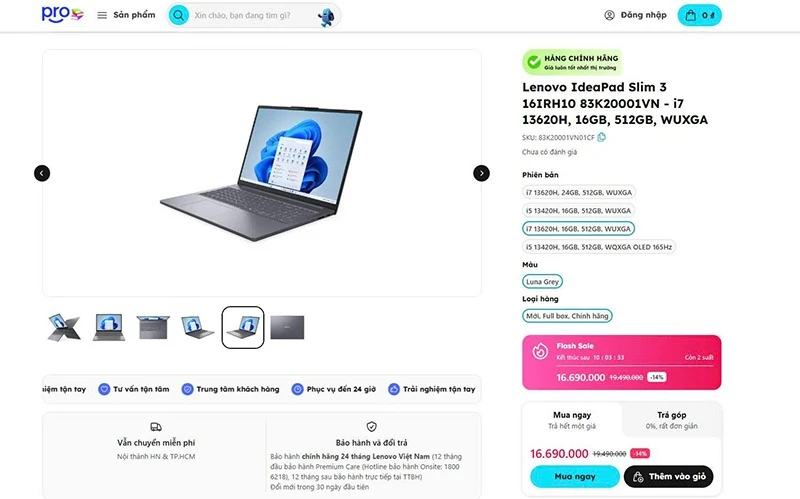 Giá bán tham khảo Lenovo IdeaPad Slim 3 16IRH10 83K20001VN tại ThinkPro