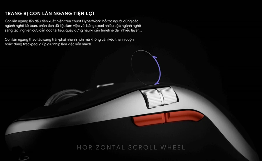 Con lăn ngang Air Spin trên Silentium Gen 2 cho phép cuộn ngang mượt mà trên bảng tính, timeline video, tài liệu dài.
