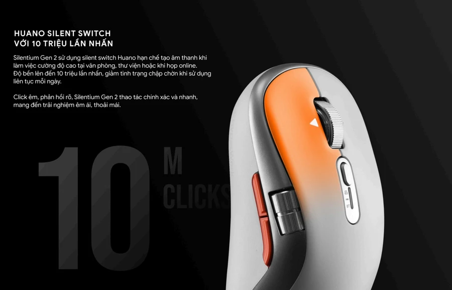 Chuột không dây với switch êm ái, bền bỉ và pin 500mAh dùng 70 ngày