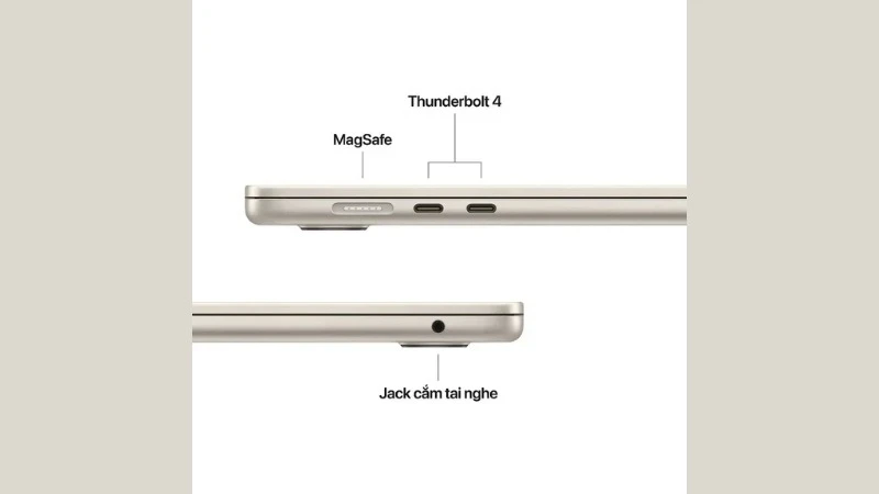 Apple Macbook Air M5 15 inch 2026 MDVD4SA/A trang bị cổng Thunderbolt 4 và Wi-Fi 7