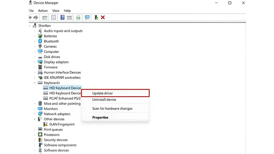 Bàn phím phản hồi chậm: Nhấp chuột phải vào mục HID Keyboard Device và chọn Update driver