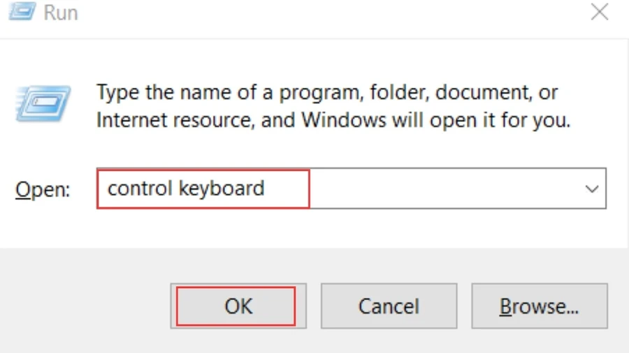 Bàn phím phản hồi chậm: Nhập control keyboard rồi nhấn Ok