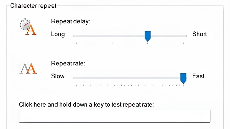 Bàn phím phản hồi chậm: Kéo Repeat delay về phía Short để giảm độ trễ khi nhấn giữ phím