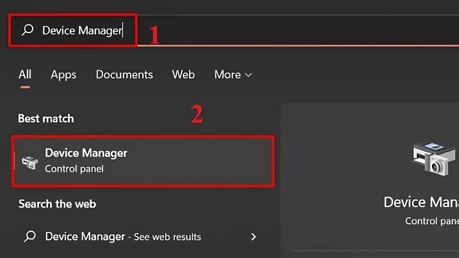 Bàn phím phản hồi chậm: Nhập vào mục tìm kiếm Device Manager