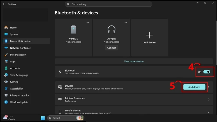 Máy tính không nhận bàn phím: Gạt nút sang phải để bật Bluetooth và nhấn Add Bluetooth or other device