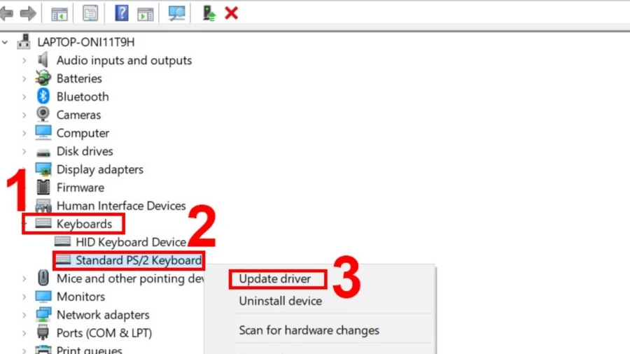 Máy tính không nhận bàn phím: Nhấn chuột phải vào Standard PS/2 Keyboard rồi chọn Update driver