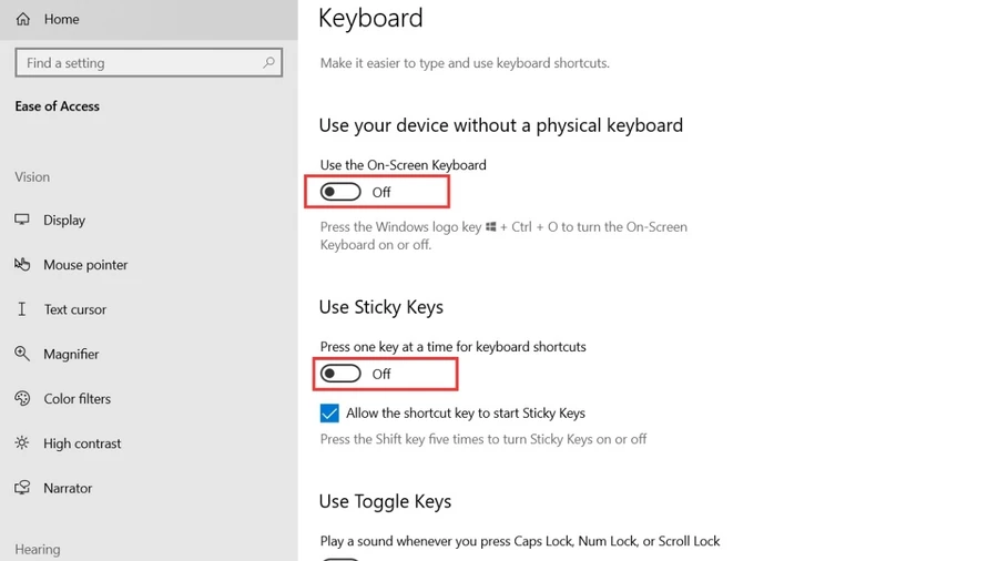 Máy tính không nhận bàn phím: Vào mục Filter Keys và chuyển sang trạng thái Off