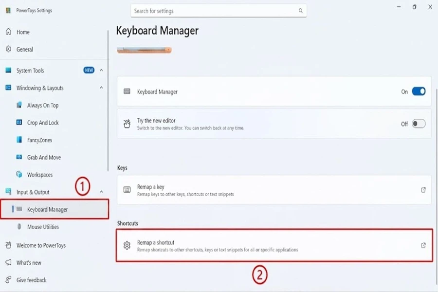 Chọn Keyboard Manager từ thanh menu bên trái