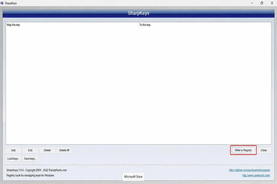 nhấn Write to Registry để SharpKeys lưu các thay đổi vào Registry của Windows
