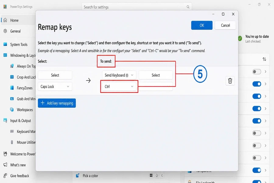 Chọn phím hoặc chức năng mà bạn muốn thay thế trong cột To Send