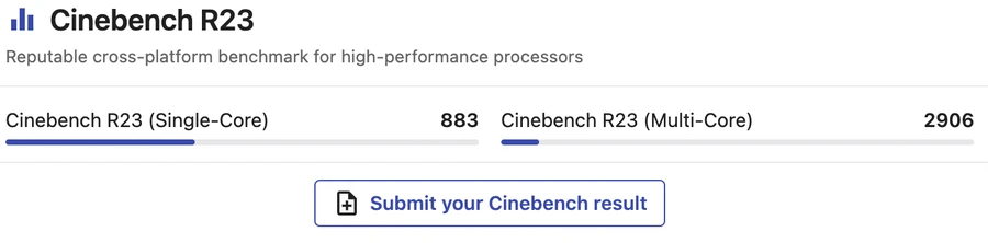 Cinebench R23 từ trang nanoreview.net, với điểm số là 2906 cho đa nhân và 883 cho đơn nhân