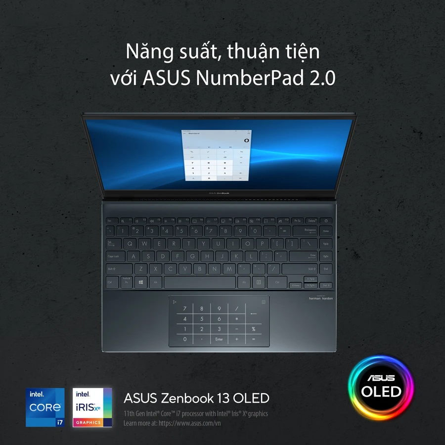 ZenBook 13 UX325 với màn hình viền mỏng và bàn phím tràn.
