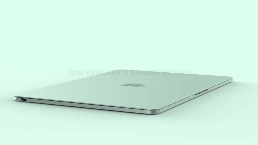 MacBook Air M2 render với thiết kế vuông vức, viền màn hình mỏng