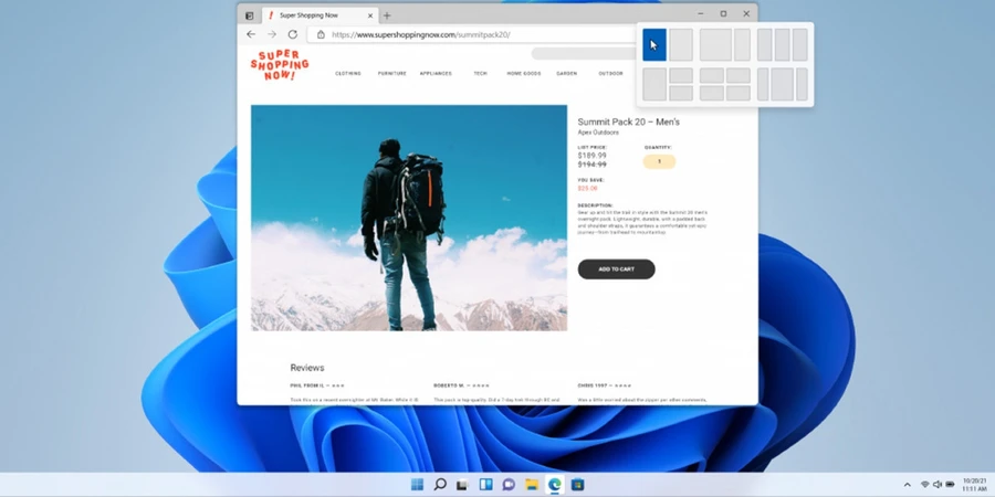 Giao diện Windows 11 hiển thị các cửa sổ ứng dụng được sắp xếp gọn gàng bằng Snap Layouts.