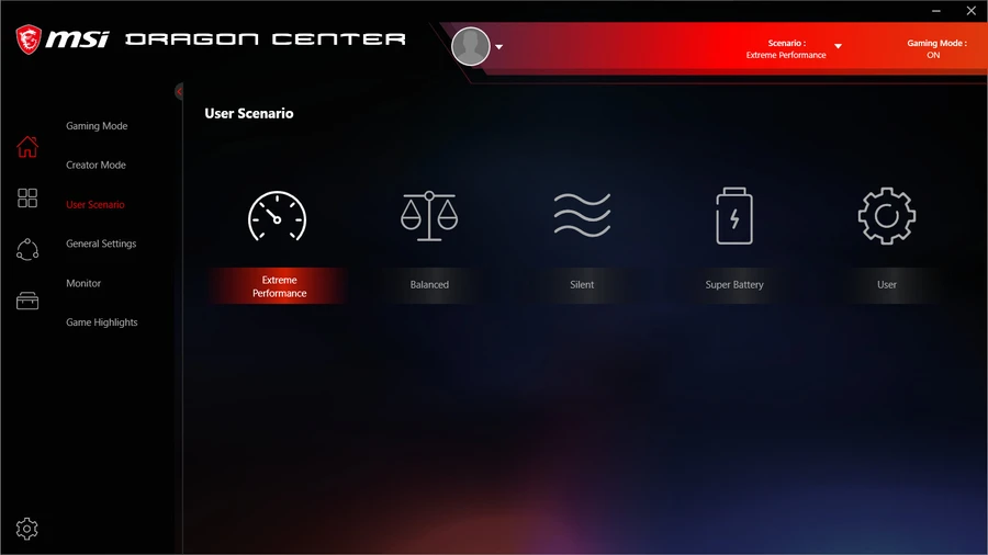 Giao diện phần mềm Dragon Center trên laptop MSI