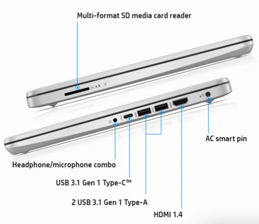 Cạnh trái HP 340s G7 có khe thẻ nhớ SD và đèn thông báo.
