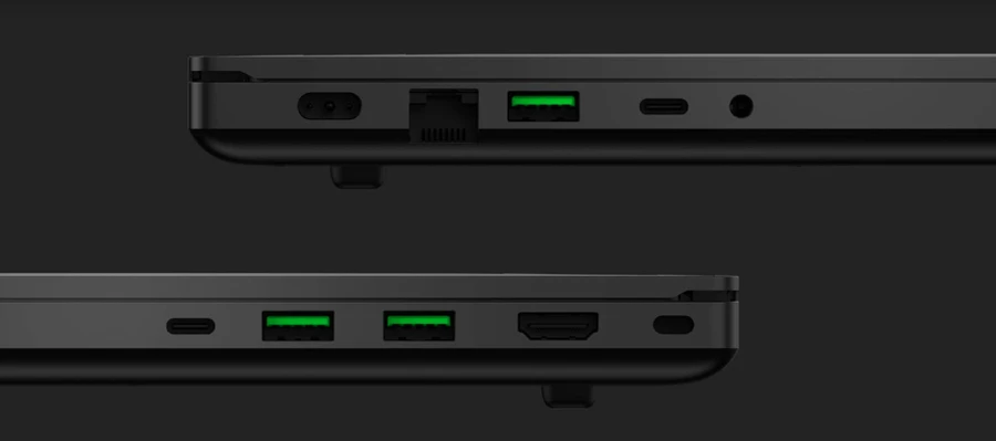 Razer Blade 15 Base 2020: Cạnh trái có cổng RJ-45, USB A, USB C, jack tai nghe. Cạnh phải có 2 cổng USB A, HDMI, USB C Thunderbolt 3.