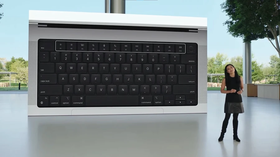 MacBook Pro 2021 với bàn phím Magic Keyboard, nút nguồn Touch ID và màn hình Mini LED 120Hz