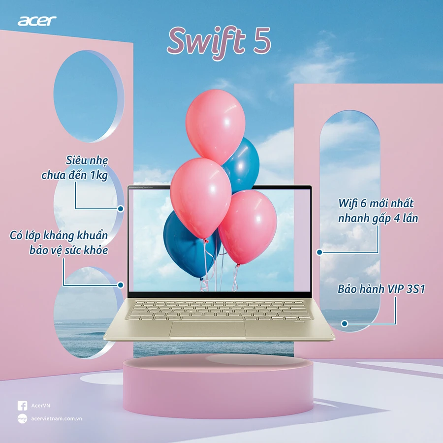Laptop Acer Swift 5 màu Safari Gold với viền vàng đồng.