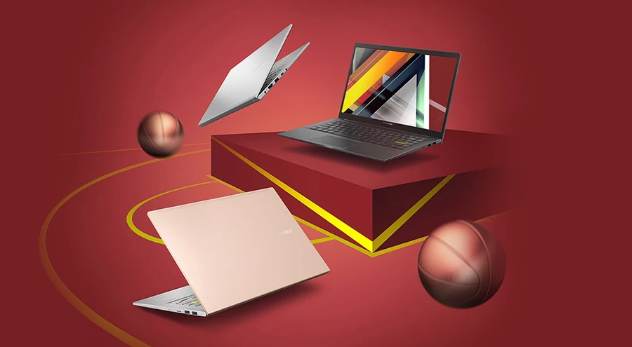 ASUS VivoBook M513 với thiết kế kim loại, viền kim cương, logo lệch và phím Enter màu vàng nổi bật.
