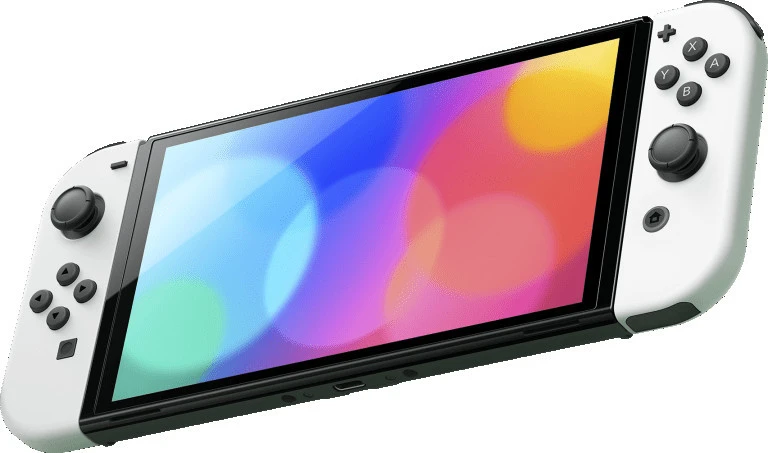 Nintendo Switch OLED màu trắng, tay cầm Joy-Con màu hồng và xanh dương
