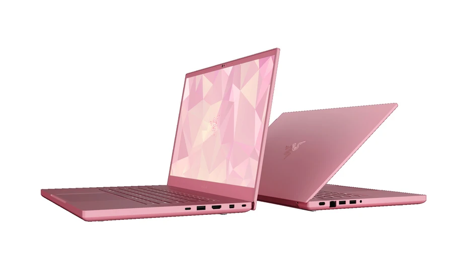 Razer Blade 15 Base Edition màu hồng với các cổng kết nối đa dạng.