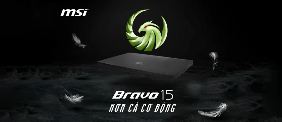 Laptop MSI Bravo 15 Ryzen 5000 màu đỏ đen với logo phượng hoàng xám