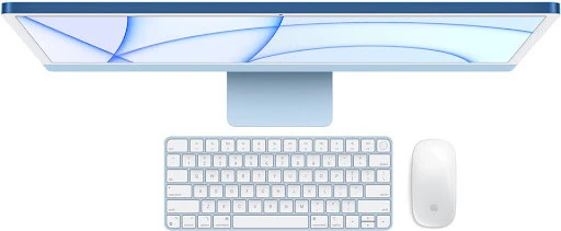 Bàn phím Magic Keyboard và chuột Magic Mouse 2 đi kèm iMac M1 24-inch, có cùng màu với máy.