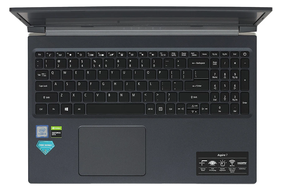 Bàn phím Acer Gaming Aspire 7 với đèn nền trắng, phím số đầy đủ, cảm giác gõ thoải mái.