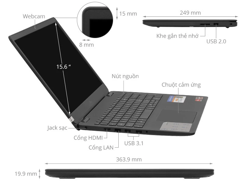 Dell Inspiron 15 3505 với pin 42Wh, cổng kết nối đa dạng