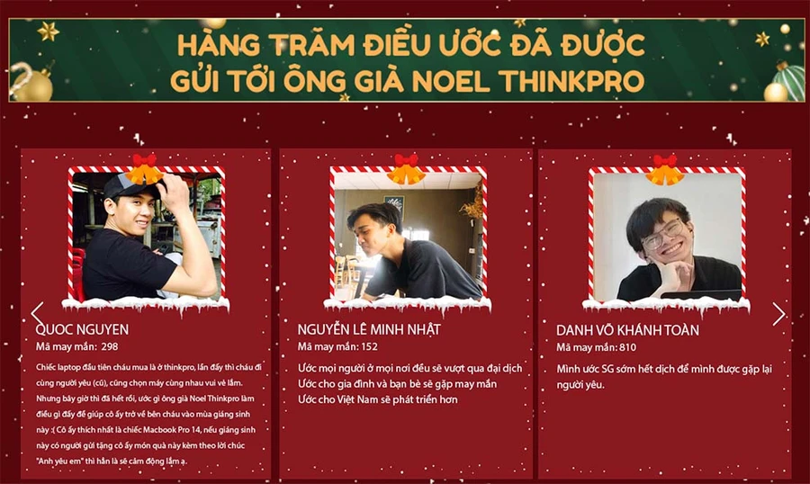 Ông già Noel ThinkPro với râu trắng, đội mũ đỏ, cầm túi quà.