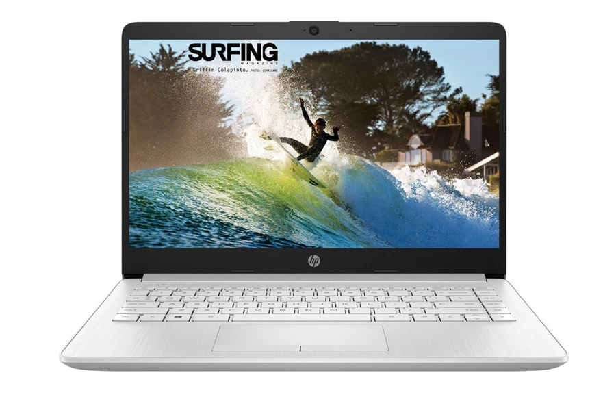 Màn hình 14 inch HD của laptop HP 14s với dải màu sRGB 64% và bàn phím thoải mái.