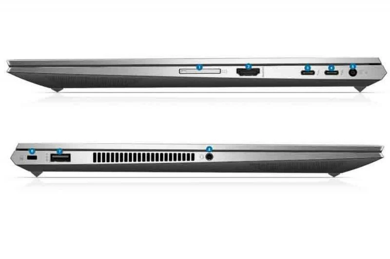 HP Zbook Studio G7 với các cổng kết nối: USB-A, 2 USB-C Thunderbolt 3, khe SD, HDMI, jack tai nghe